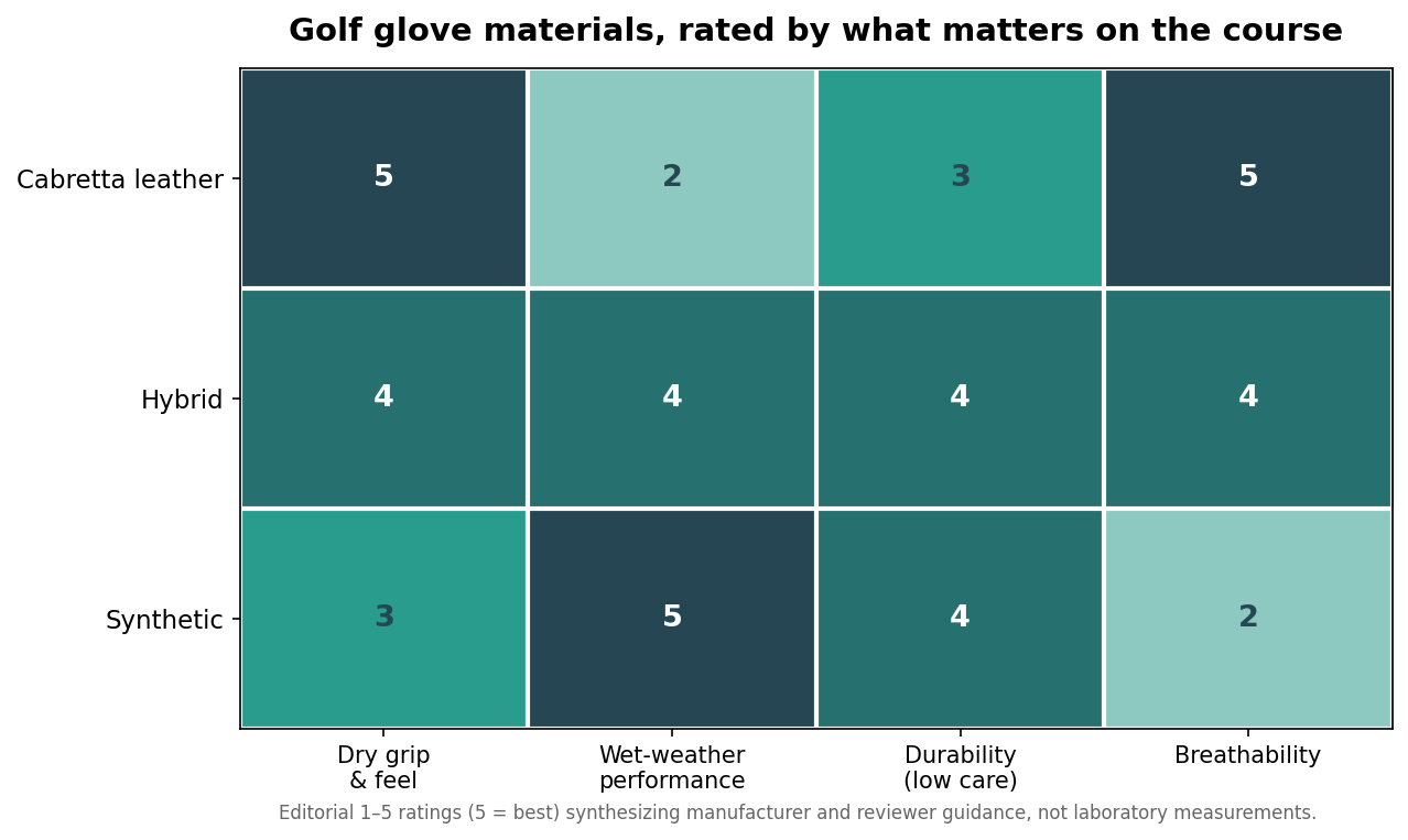 Heatmap rating Cabretta leather, hybrid, and synthetic golf gloves across grip, wet weather, durability, and breathability