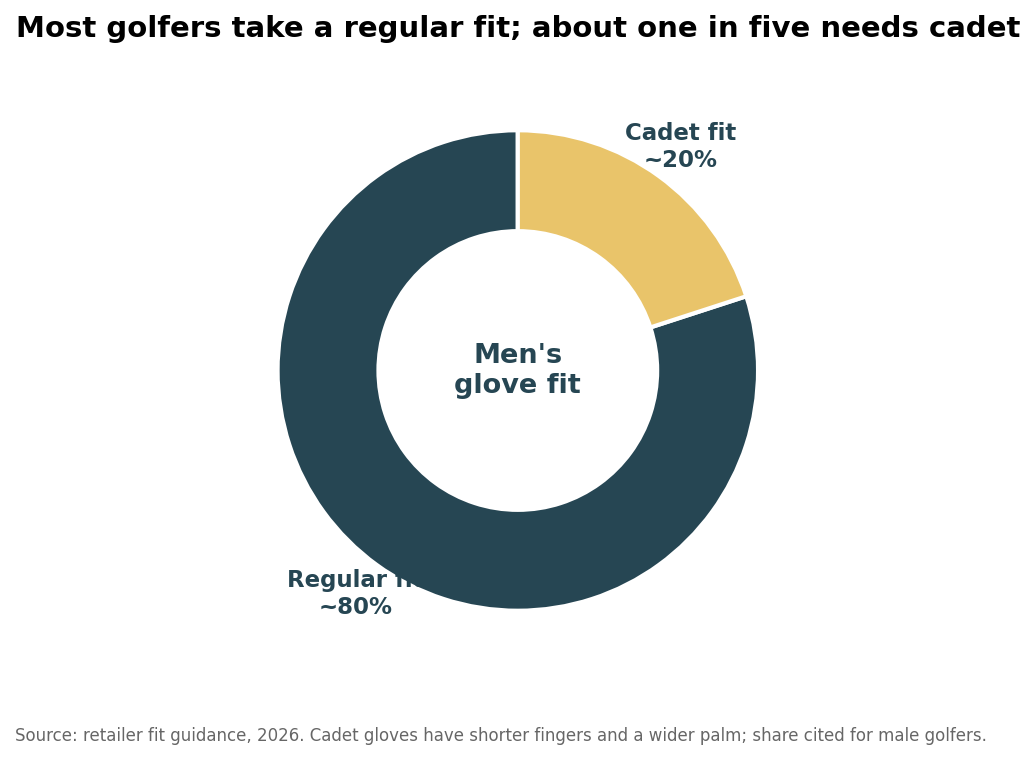 Donut chart showing about 80 percent of male golfers take a regular glove fit and 20 percent need cadet